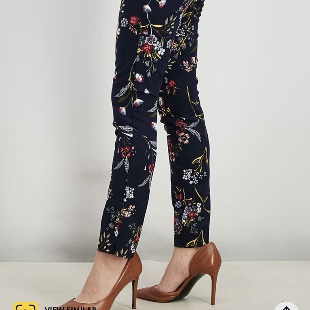 Stradivarius Pants Womens Navy Blue Chino Skinny Mid Rise‎ Floral Slacks Cotton